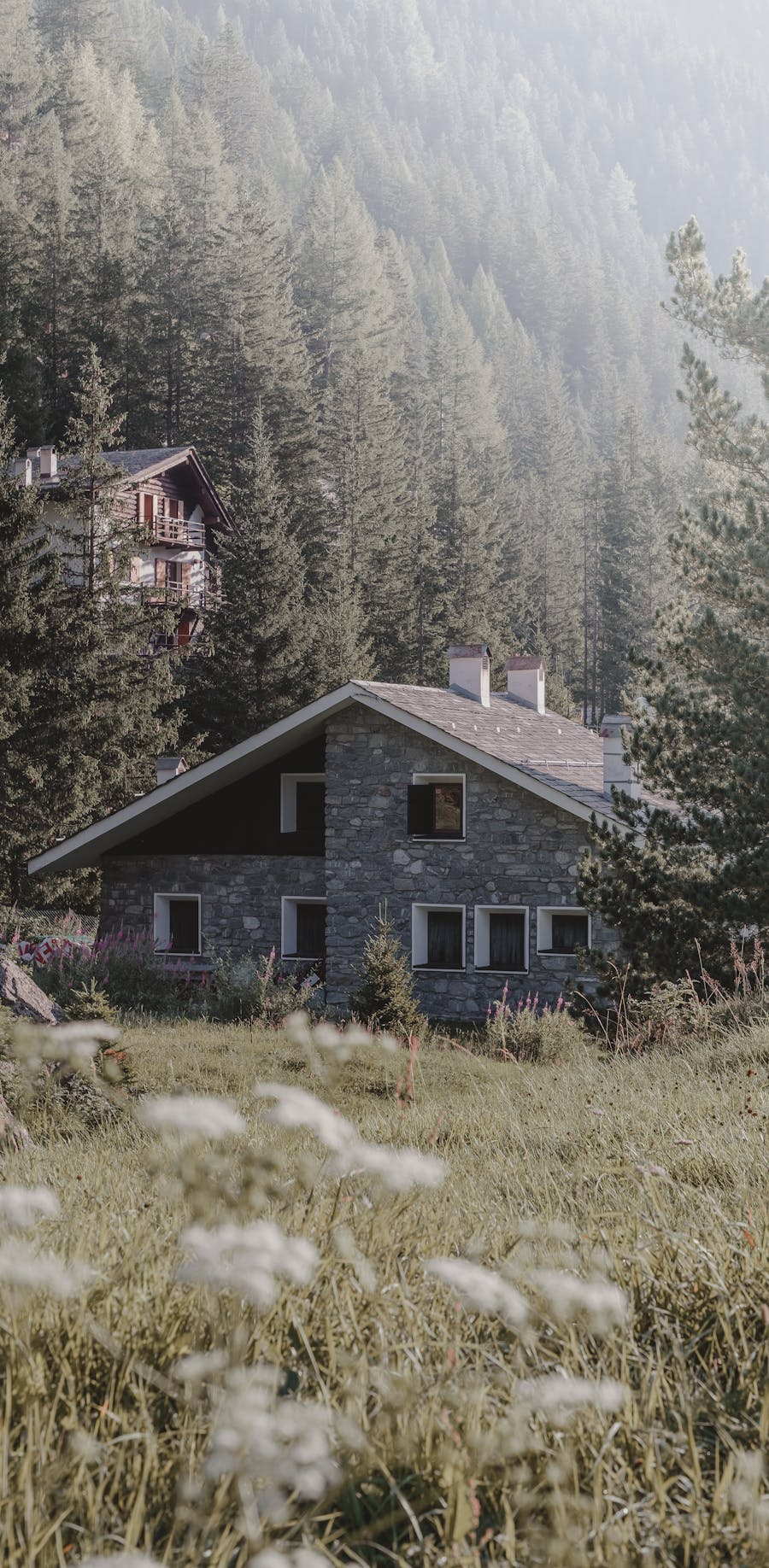 Stone alpine cabin on a forested mountainside